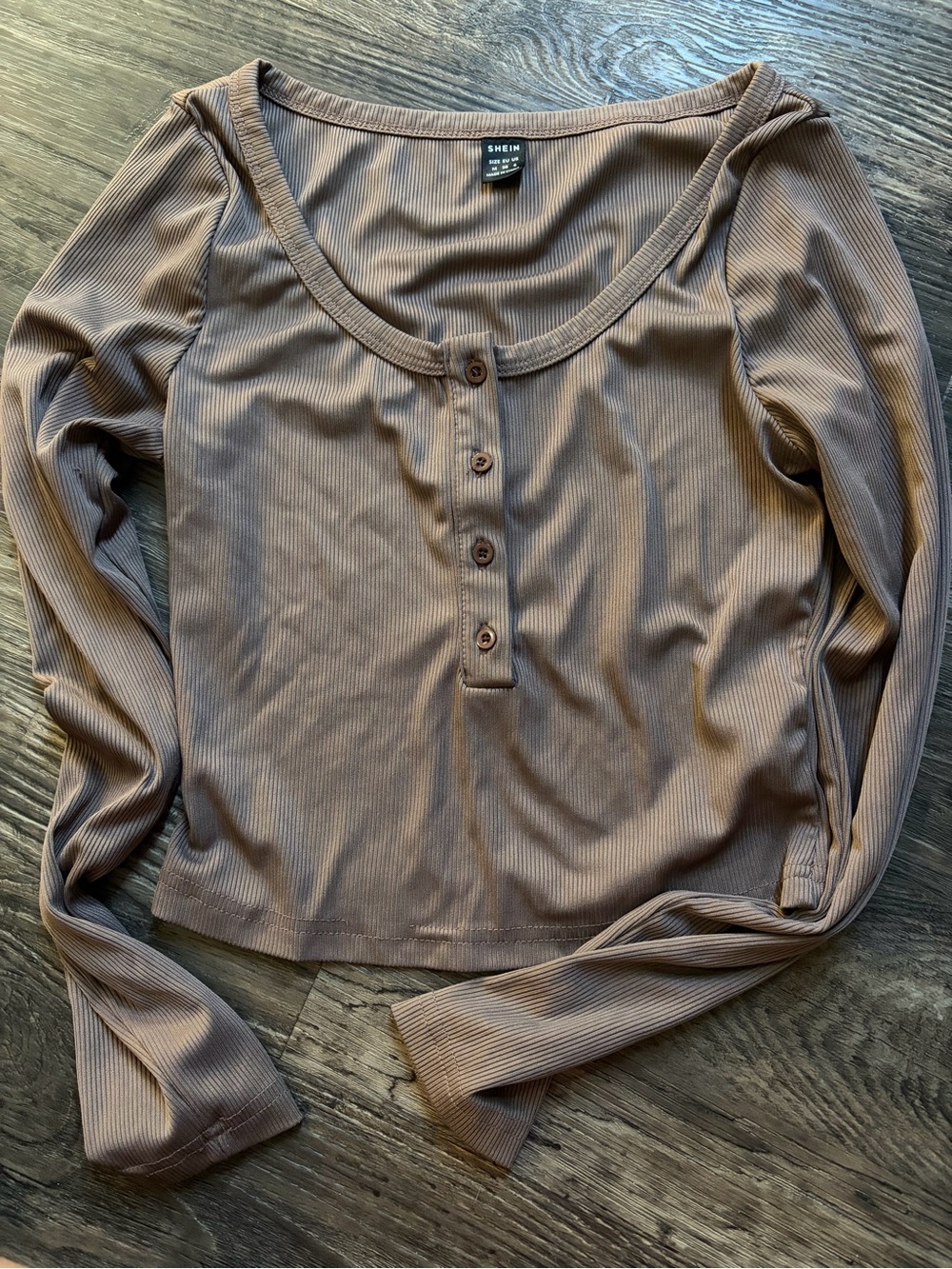SHEIN Taupe Ribbed Henley Long Sleeve Top